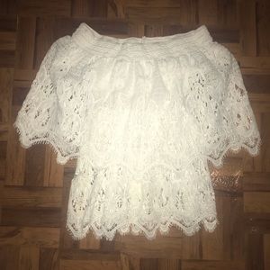 White Thick laced off the shoulder top !!